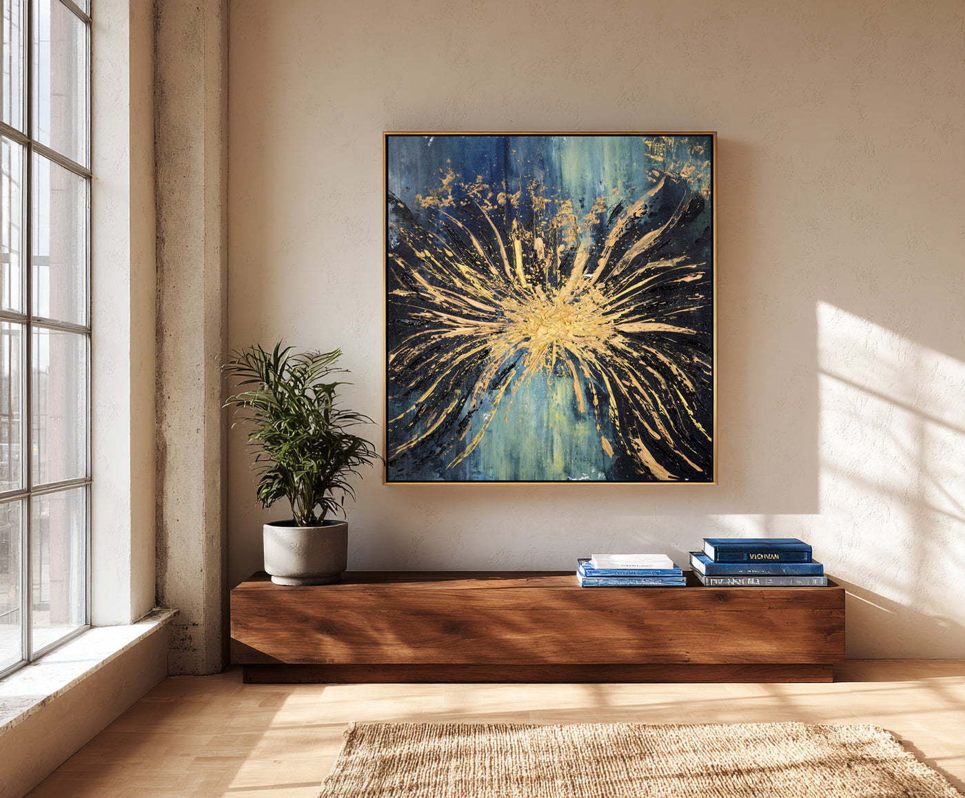 Abstract Blue Gold Burst Canvas Art