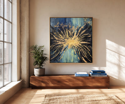 Abstract Blue Gold Burst Canvas Art