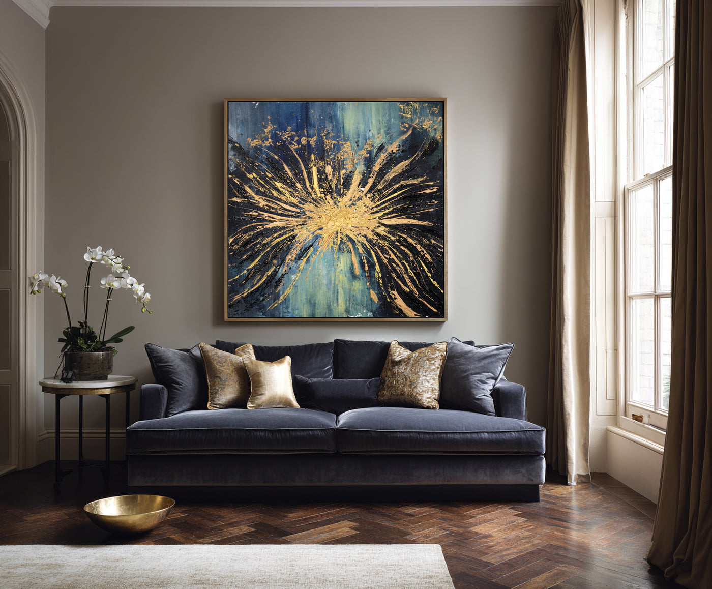 Abstract Blue Gold Burst Canvas Art
