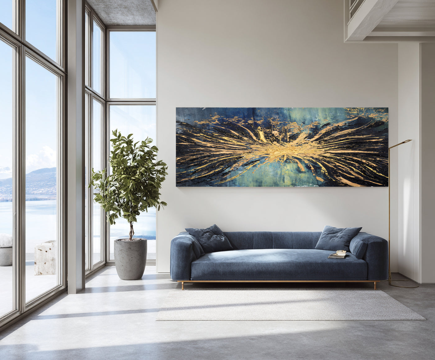 Abstract Blue Gold Burst Canvas Art
