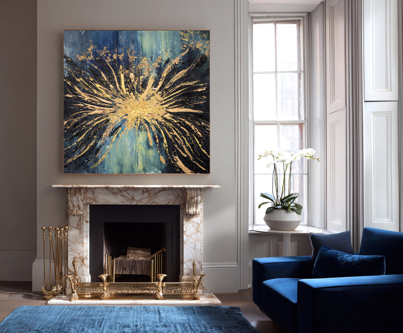 Abstract Blue Gold Burst Canvas Art