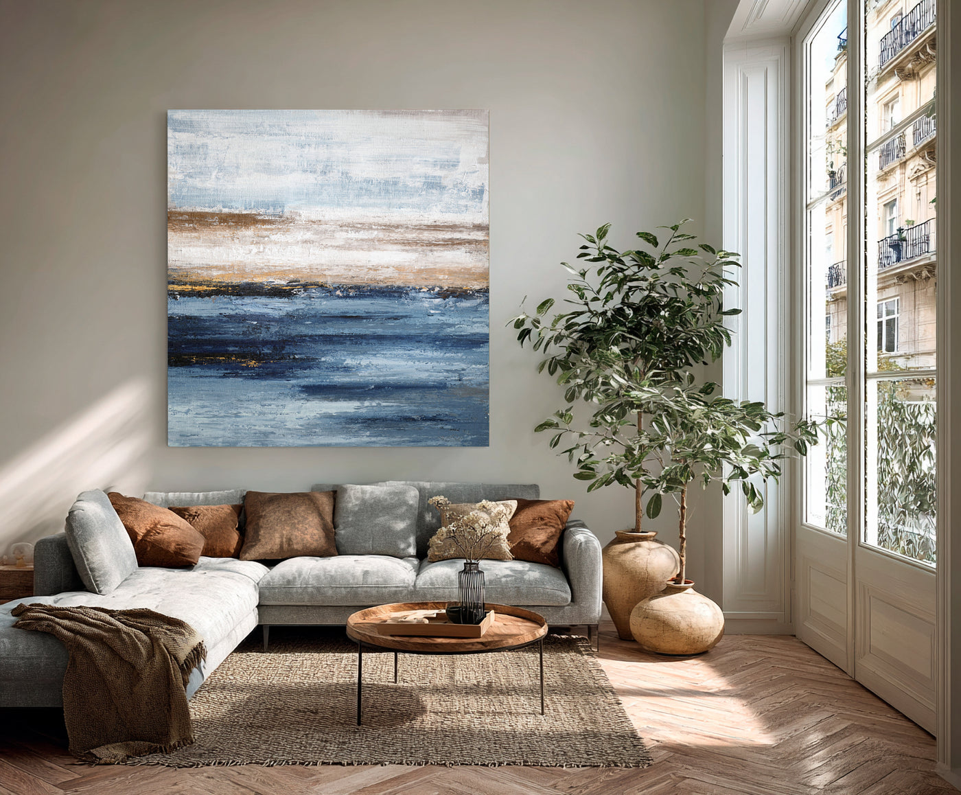 Abstract Blue Beige Ocean Canvas Art