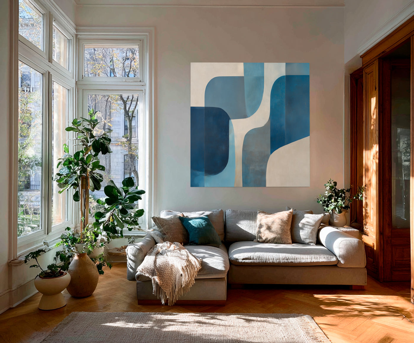 Abstract Blue Beige Geometric Canvas Art