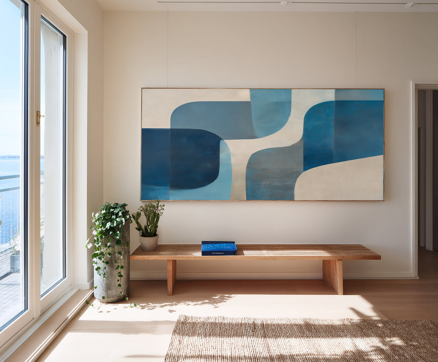 Abstract Blue Beige Geometric Canvas Art