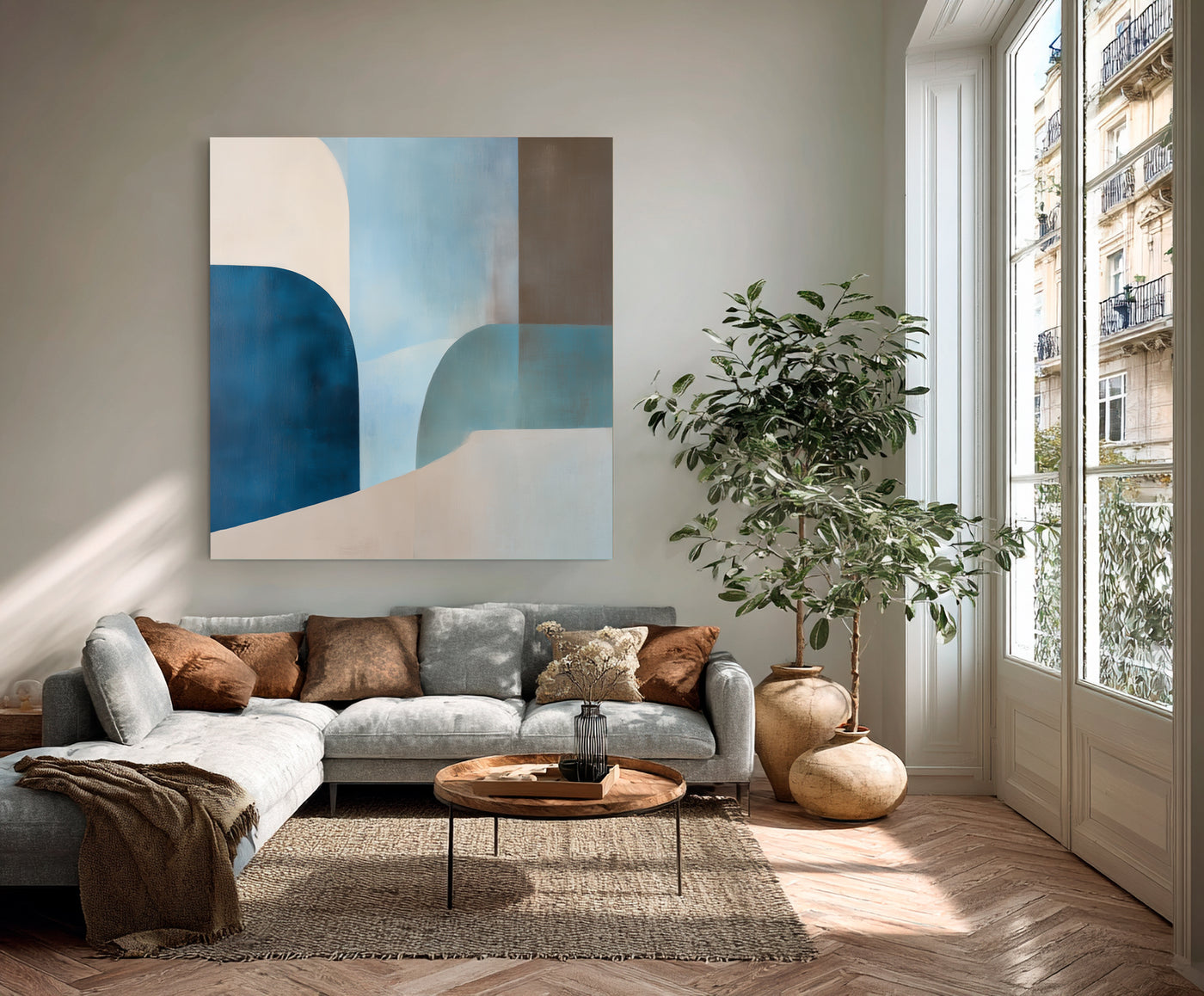 Abstract Blue Beige Canvas Art