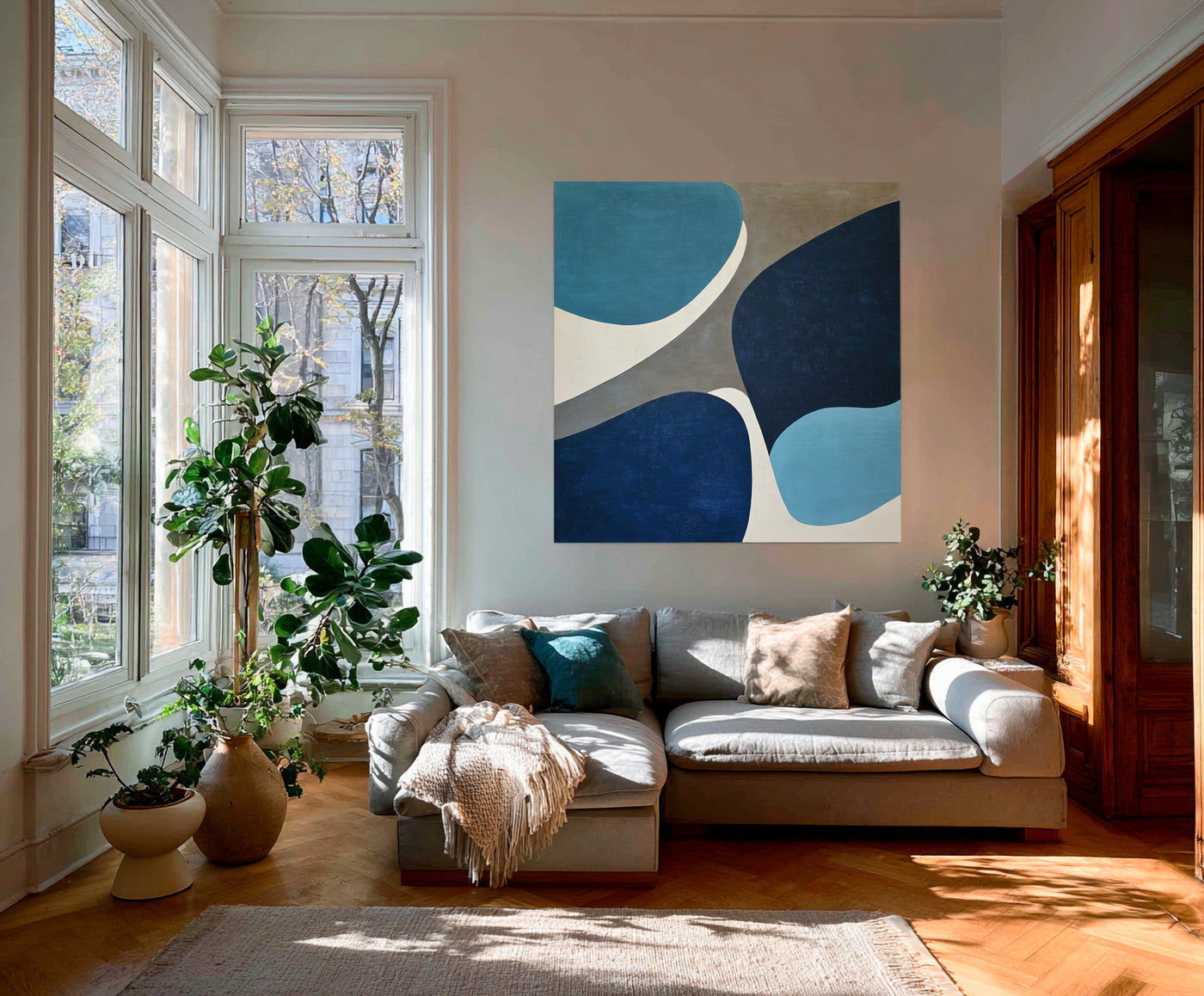 Abstract Blue Beige Canvas Art